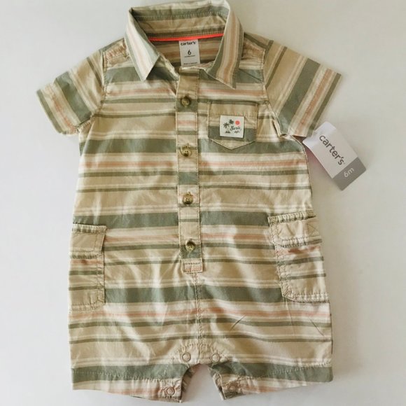 Baby Boy Stripe Cargo Button Front Romper Khaki - Picture 2 of 3